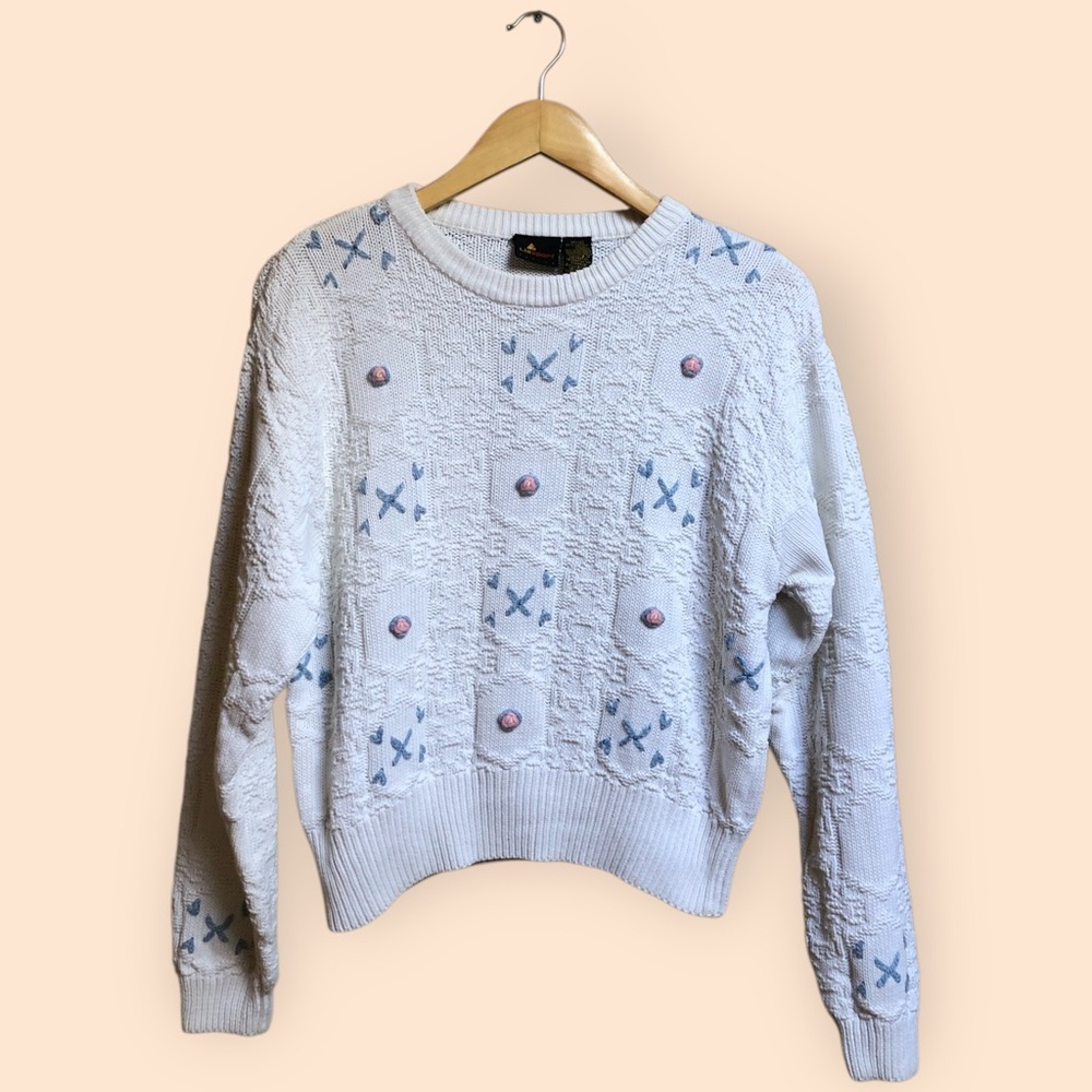 Vintage 90s Liz Sport White Cotton Knit Sweater Cottagecore Women’s Petite Small